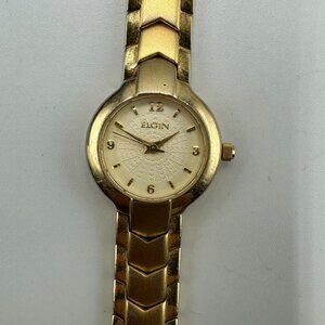 3/$30 Elgin Watch Women Gold Tone Round 21MM EG386 New Battery 7 Inch